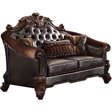 66 Inch Chenille and Faux Leather Loveseat and Toss Pillows In Brown and Dark Brown