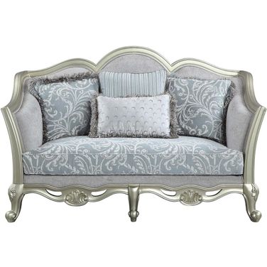 66 Inch Linen Damask Loveseat and Toss Pillows In Champagne and Light Grey
