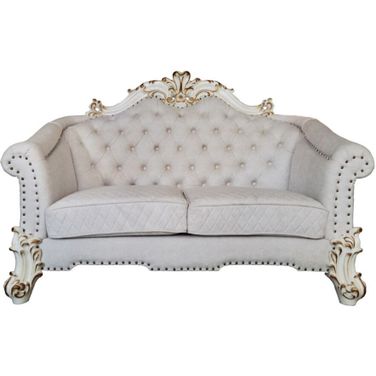 66 Inch Two Tone Velvet Loveseat and Toss Pillows In Ivory and Pearl
