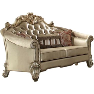 67 Inch Faux Leather Loveseat and Toss Pillows In Bone and Gold