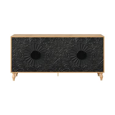 68 Inch Distressed Carved Floral Sideboard with Four Doors In Black and Natural