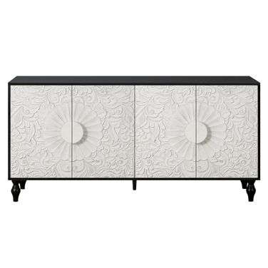 68 Inch Distressed Carved Floral Sideboard with Four Doors In Black and White