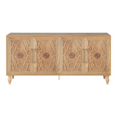 68 Inch Distressed Carved Geometric Sideboard with Four Doors In Natural