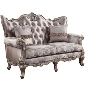 68 Inch Silk Blend Loveseat and Toss Pillows In Pink and Platinum