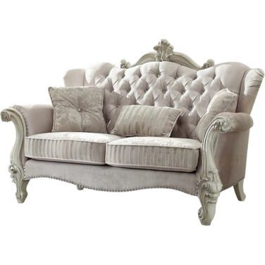 69 Inch Chesterfield Loveseat and Toss Pillows In Ivory