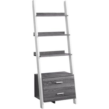 69 Inch Grey-White Ladder Bookcase With 2 Storage Drawer