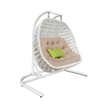 69 Inch Metal Indoor Outdoor Swing Chair with Beige Cushion In Beige and White