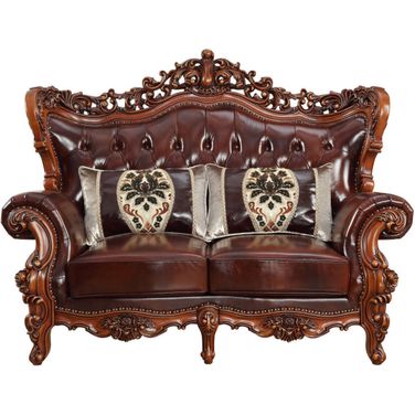 69 Inch Top Grain Leather Curved Loveseat and Toss Pillows In Brown and Walnut