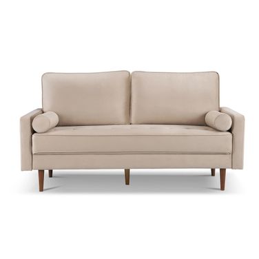 69 Inch Velvet Sofa and Toss Pillows with Dark Brown Legs In Beige