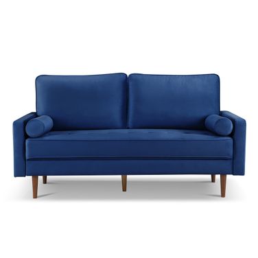 69 Inch Velvet Sofa and Toss Pillows with Dark Brown Legs In Blue