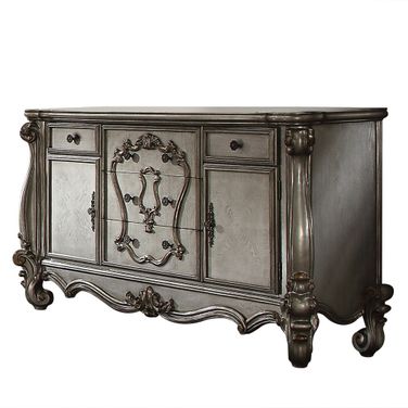 70 Inch Carved Scrollwork Wood and Polyresin Five Drawer Triple Dresser In Platinum
