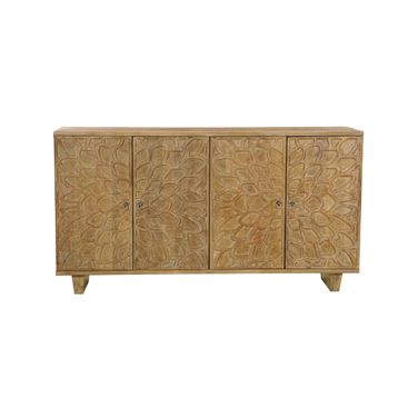 70 Inch Distressed Solid Wood Carved Floral Sideboard with Four Doors In Brown
