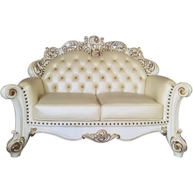 70 Inch Faux Leather Loveseat and Toss Pillows In Champagne and Pearl
