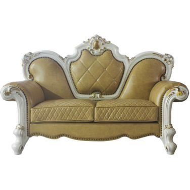 70 Inch Faux Leather Loveseat and Toss Pillows In Golden Yellow and Pearl