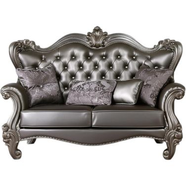 70 Inch Faux Leather Loveseat and Toss Pillows In Silver and Platinum