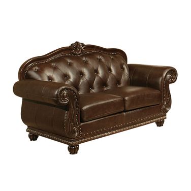 70 Inch Faux Leather Nailhead Love Seat In Espresso and Black