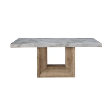 70 Inch Faux Marble and Wood Pedestal Base Dining Table In White and Natural