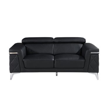 70 Inch Top Grain Leather Loveseat In Black and Silver Metallic