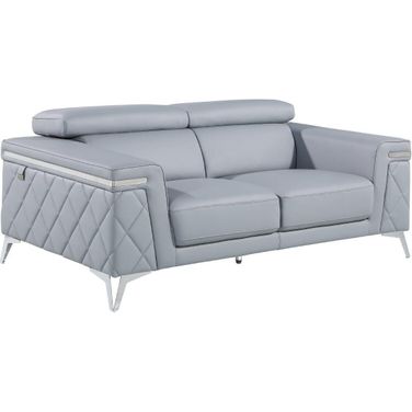 70 Inch Top Grain Leather Loveseat In Light Blue and Silver Metallic