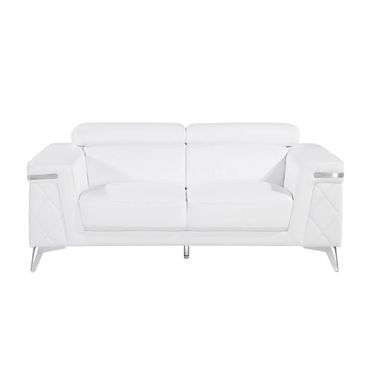 70 Inch Top Grain Leather Loveseat In White and Silver Metallic