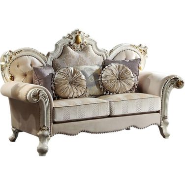 70 Inch Velvet Loveseat and Toss Pillows In Pearl and Gold