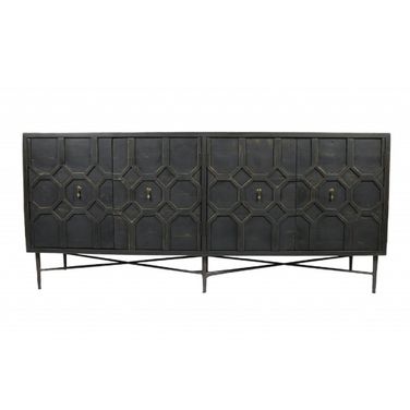 71 Inch Distressed Solid Wood Carved Geometric Sideboard with Four Doors In Brown