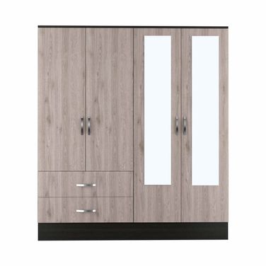 71 Inch Four Door Wardrobe Closet with Mirrors In Light Oak and Black