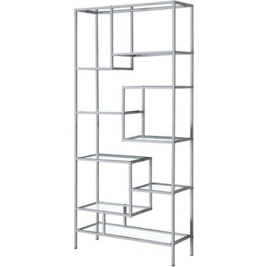 72 Inch Bookcase In Silver Metal With Tempered Glass
