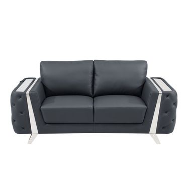 72 Inch Genuine Leather Loveseat In Dark Gray and Silver