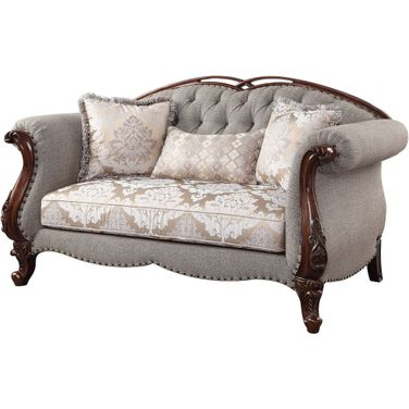 72 Inch Linen Loveseat and Toss Pillows In Beige and Dark Brown