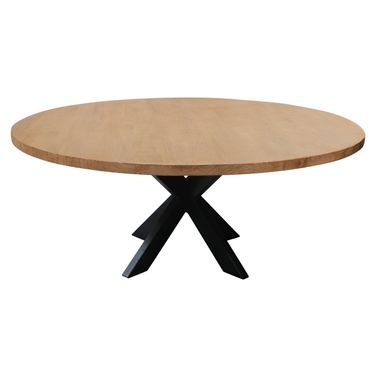 72 Inch Rounded Solid Wood and Iron Pedestal Base Dining Table In Black and Natural