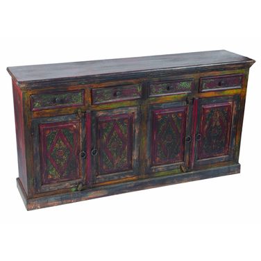72 Inch Solid Wood Four Drawer Sideboard with Four Doors In Dark Brown and Green
