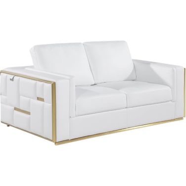 73 Inch Top Grain Leather Loveseat In White and Silver Metallic