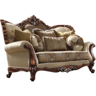 74 Inch Velvet Damask Curved Loveseat and Toss Pillows In Brown and Tan