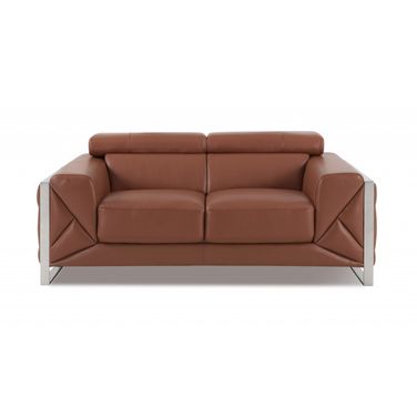 75 Inch Italian Leather Loveseat In Camel and Silver