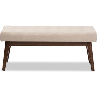 Baxton Studio Elia Mid-Century Modern Walnut Wood Light Beige Fabric Button-Tufted Bench