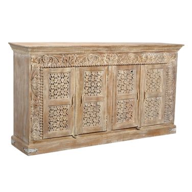 76 Inch Distressed Solid Wood Carved Floral Sideboard with Four Doors In Antiqued White