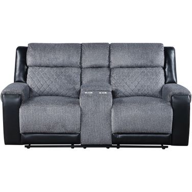 76 Inch Faux Leather and Microfiber Manual Reclining Loveseat with Storage In Gray and Black