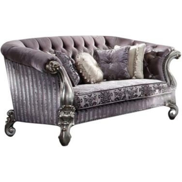 76 Inch Velvet Loveseat and Toss Pillows In Purple and Platinum