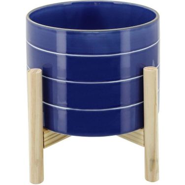 8 Inch Striped Planter With Wood Stand In Navy