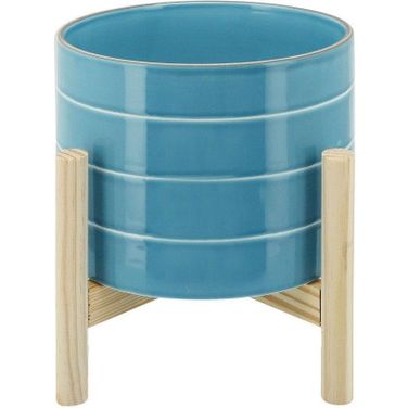 8 Inch Striped Planter With Wood Stand In Skyblue