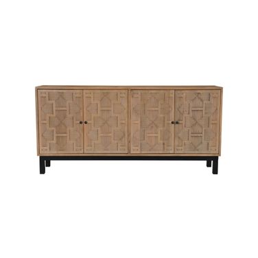 80 Inch Solid Wood Carved Geometric Sideboard with Four Doors In Brown