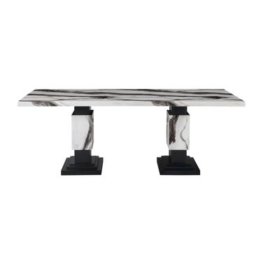 82 Inch Faux Marble and Wood Double Pedestal Base Dining Table In Black and White