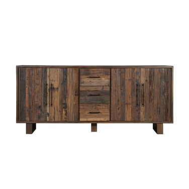 83 Inch Distressed Reclaimed Wood Three Drawer Sideboard with Four Doors In Dark Brown