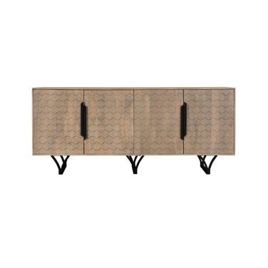 84 Inch Solid Wood Carved Geometric Sideboard with Four Doors In Beige