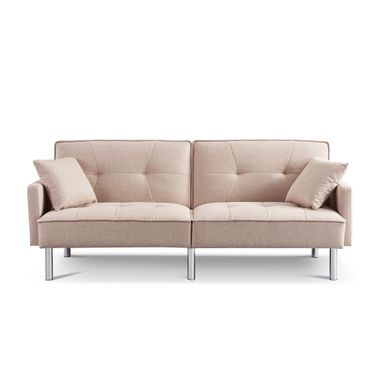 85 Inch Polyester Blend Convertible Futon Sleeper Sofa and Toss Pillows with Silver Legs In Beige
