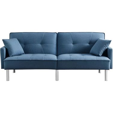 85 Inch Polyester Blend Convertible Futon Sleeper Sofa and Toss Pillows with Silver Legs In Blue