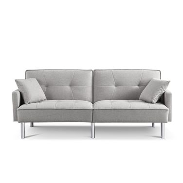 85 Inch Polyester Blend Convertible Futon Sleeper Sofa and Toss Pillows with Silver Legs In Light Gray