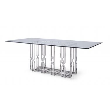 87 Inch Glass and Stainless Steel Pedestal Base Dining Table In Clear and Silver