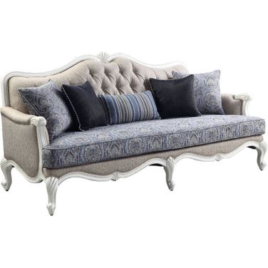 88 Inch Linen Damask Sofa and Toss Pillows with White Legs In Cream
